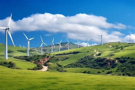 Turbinas eólicas que utilizam energia renovável num grande campo verde ilustração sobre a