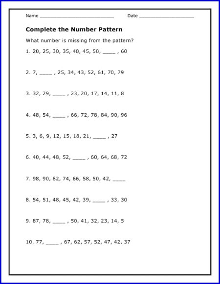 Grade 7 Number Patterns Worksheet