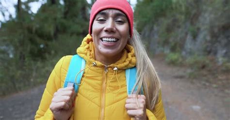 Happy Latin Woman Having Fun During Trekking Activities Day In The Woods Stock Video Envato