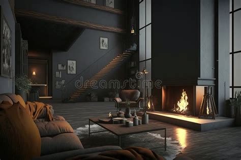 Dark Living Room Loft With Fireplace Industrial Style 3d Render