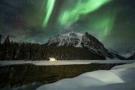 Aurora Borealis At Lake Louise During Winter In Banff National Park
