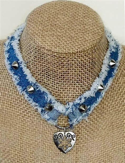 Denim Necklace Choker Handmade From Recycled Blue Jean