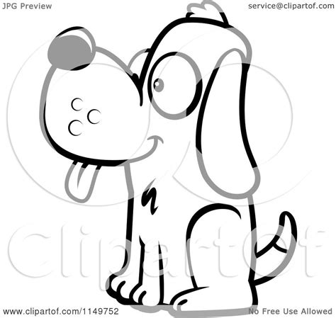 Cartoon Clipart Of A Black And White Happy White Dog With Ears Sitting