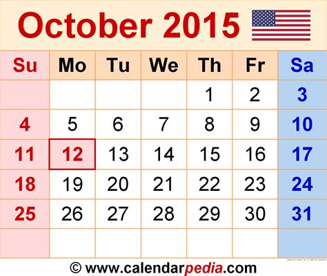 October 2015 Calendar Templates For Word Excel And Pdf