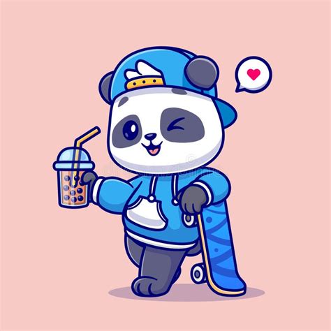 Cute Panda Drink Boba Milk Tea With Skateboard Cartoon Vector Icon