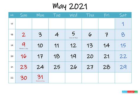 Printable May 2021 Calendar With Holidays Printable Word Searches
