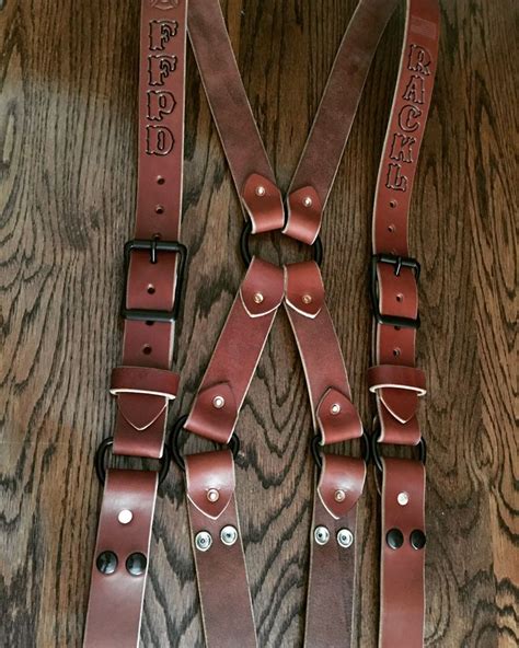 Adjustable Ring Back Suspenders Brown Leather With Black Hardware