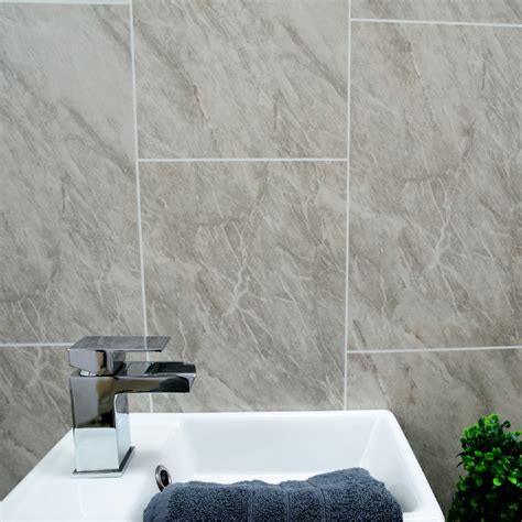 This bathroom by sophie burke design uses a concrete mosaic tile with a subtle grey pattern that fits the natural stone countertop. Grey Stone Marble Tile Bathroom Panels Shower Wet Wall ...