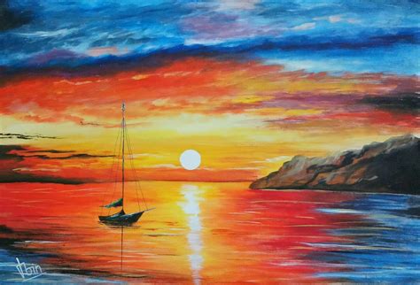 Buy Shiny Red Sky Sunset Handmade Painting By Md Moin
