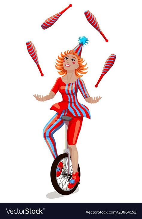 Circus Female Juggler On A Unicycle Isolated On White Background