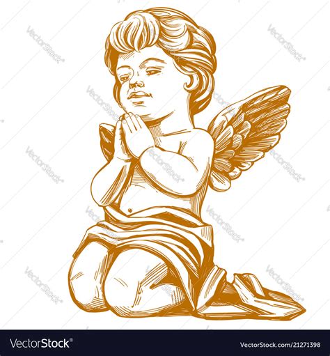 Angel Prays On His Knees Hand Drawn Royalty Free Vector