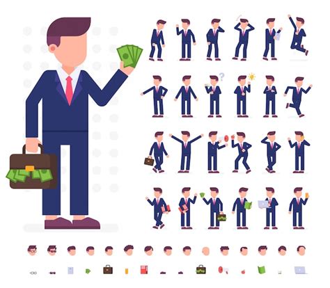 Businessman Character Set In Different Poses Premium Vector