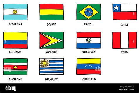 Flags Of South America Set Sketch Hand Drawn Doodle Vector