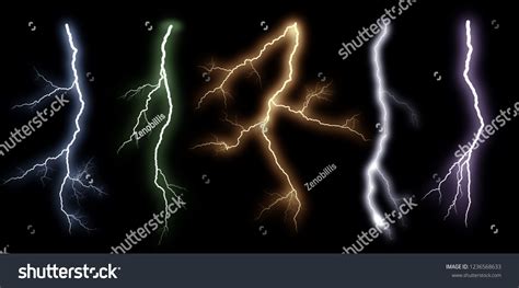 Set 5 Lightnings Different Colors Realistic Stock Illustration
