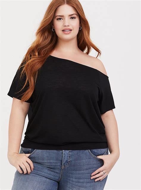 Black Banded Off Shoulder Tee Plus Size Outfits Off