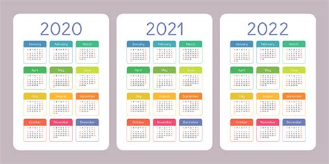 Calendar 2020 2021 2022 Years Colorful Vertical Vector Pocket Calender