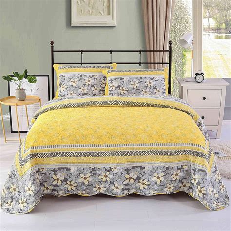 Unimall King Size Quilted Bedspread Yellow 100 Cotton 3 Piece