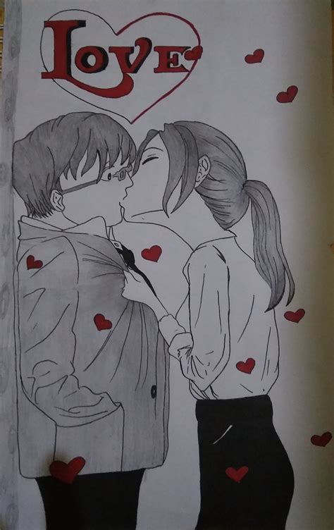 A Drawing Of Two People Kissing In Front Of A Heart With The Word Love