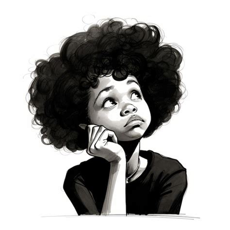 fille noire dans la pensée et les doutes posent une illustration monochrome jeune personnage