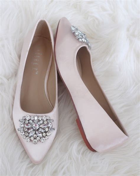 Dusty Pink Satin Pointy Toe Flats With Oversized Rhinestones Etsy