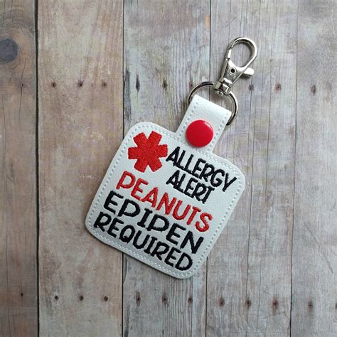 Food Allergy Alert Key Chain Embroidered On White Vinyl With Etsy Allergies Keychain Food
