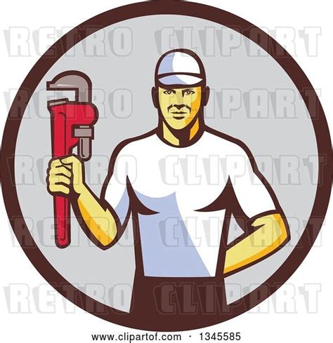Vector Clip Art Of Retro White Male Plumber Holding A Monkey Wrench In