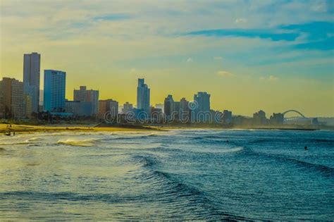 Durban Golden Mile Beach With White Sand And Skyline South Africa Stock