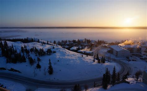 Canada Northwest Territories Yellowknife Winter Snow Sunrise House