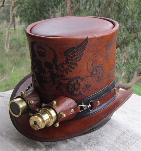 Brown Leather Custom Hand Etched Steampunk Top Hat With Golden Etsy