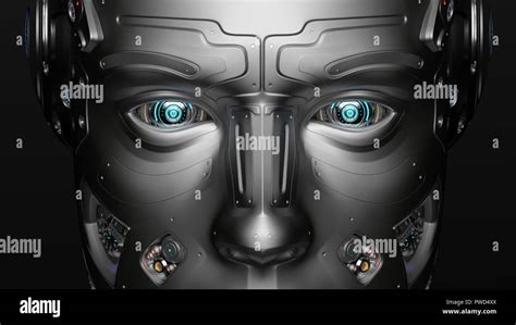 Futuristic Robot Face Closeup View Isolated On Black Background 3d
