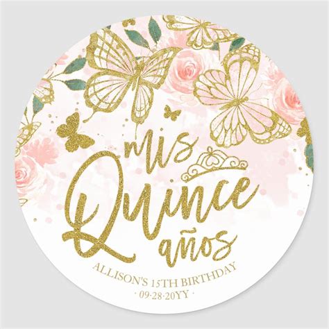 blush pink butterfly floral quinceanera party classic round sticker zazzle quinceanera party