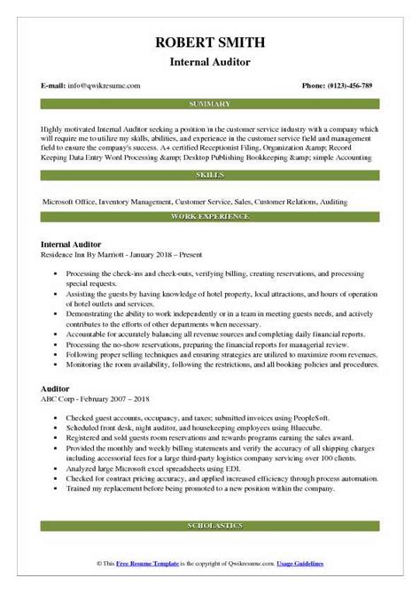Objective brilliant internal auditor willing to work in an established firm and contribute to its overall success utilizing my skills in accounting methodologies. Auditor Resume Samples | QwikResume