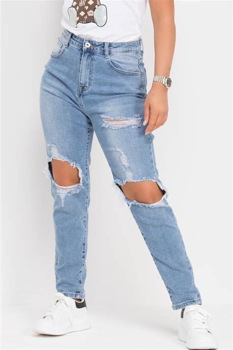 Womens Light Wash Ripped Mom Jeans High Waisted Uk