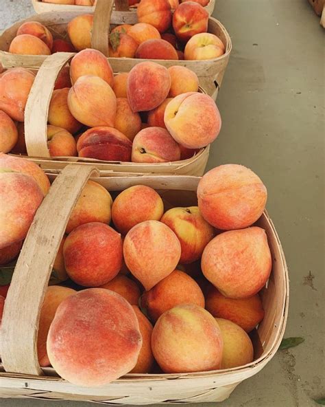 Two Baskets Filled With Peaches Sitting Next To Each Other