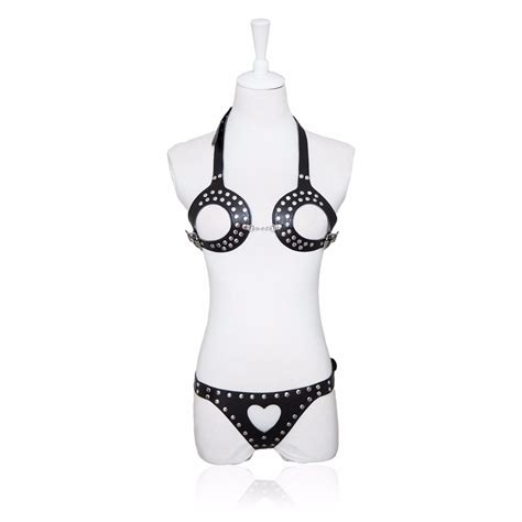 Sexy Studded Faux Leather Cupless Bra Top With Hollow Out Heart Shape