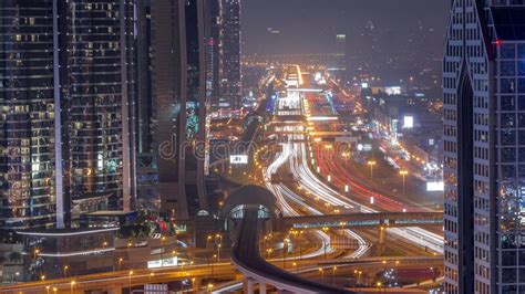 Busy Sheikh Zayed Road Aerial All Night Timelapse Metro Railway And