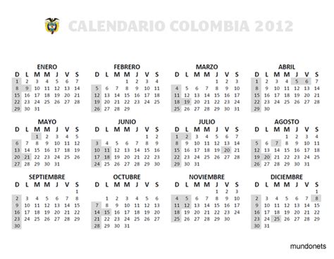 Calendario 2012 Con Festivos Para Colombia Mundonets