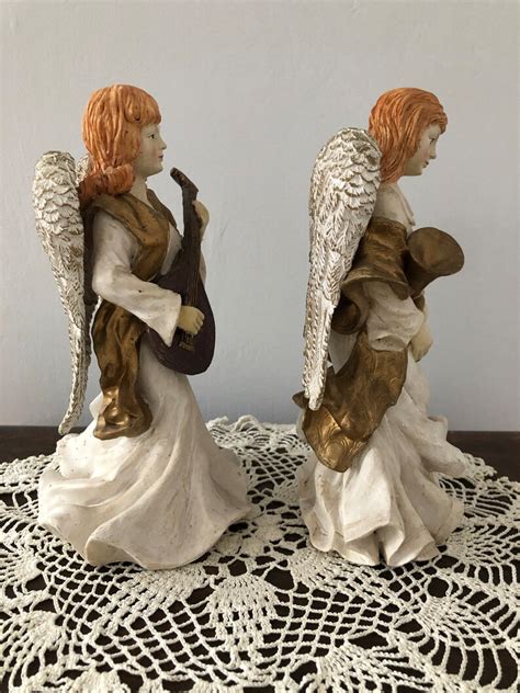 Vintage Plaster Angels Figurines Pair Playing The Lute And Etsy