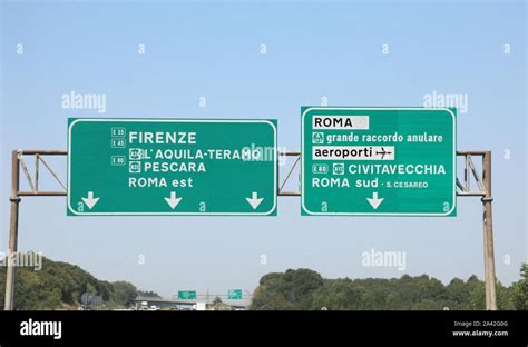 Traffic Sign On The Italian Highway To Rome Capital Of Italy And More