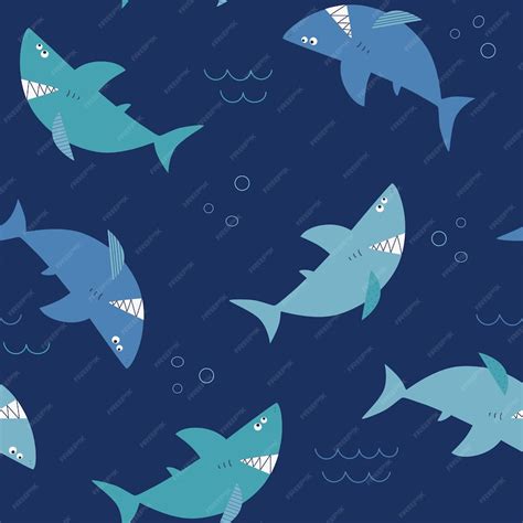Premium Vector Cartoon Sharks Seamless Pattern With Funny Sharks On A