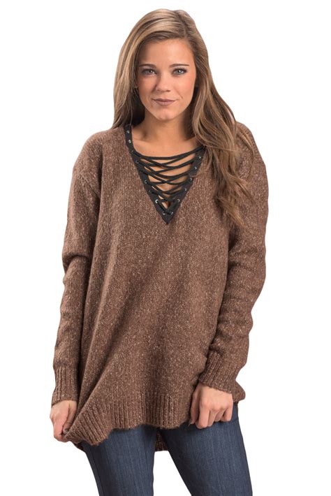 Cheap Tan Chic Long Sleeve Sweater With Lace Up Neckline