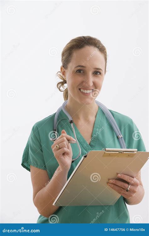 Nurse Holding A Clipboard Isolated Stock Photo Image Of Blond