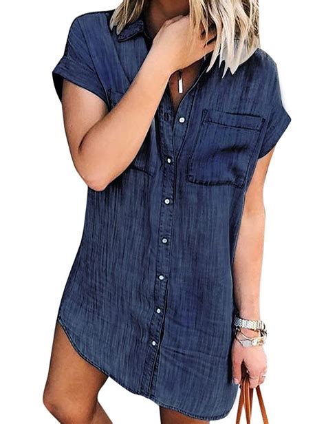 Women Denim Shirt Dresses Short Sleeve Distressed Jean Dress Button