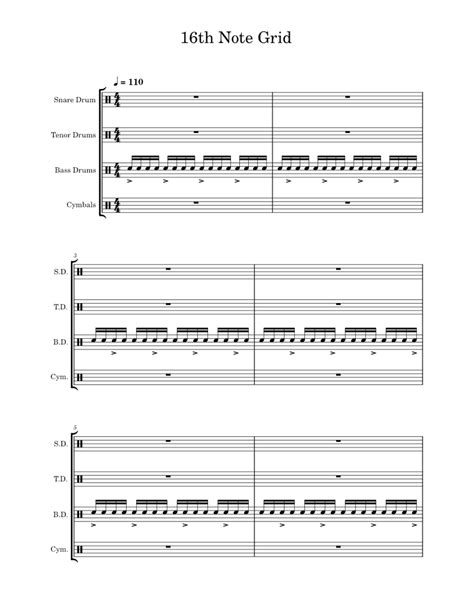 16th Note Grid Sheet Music For Snare Drum Crash Tenor Drum Bass Drum