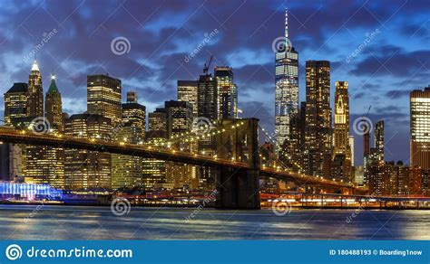 New York City Skyline Night Manhattan Town Panoramic