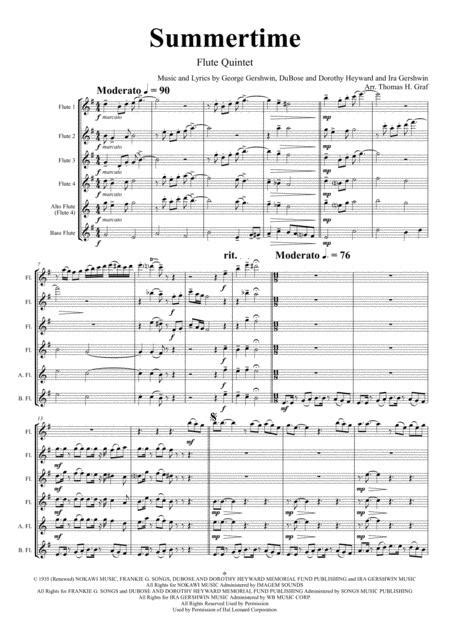 Summertime Gershwin 11 8 Flute Quintet Sheet Music Pdf Download