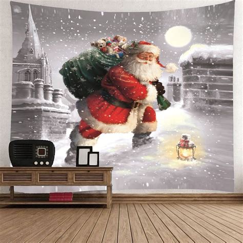 Santa Claus Walking In The Snow Patterned Wall Tapestry Christmas
