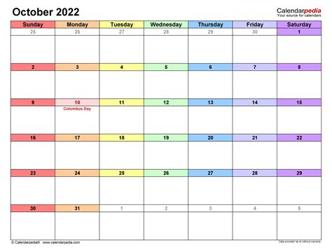 October 2022 Calendars For Word Excel And Pdf Free Printable October