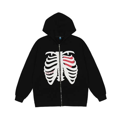 Buy Cotton Hoodie Skeleton Zip Up Hoodie Y2k Skeleton Jacket Black For