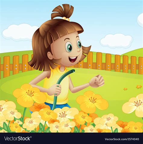 A Girl Watering The Plants In The Garden Vector Image